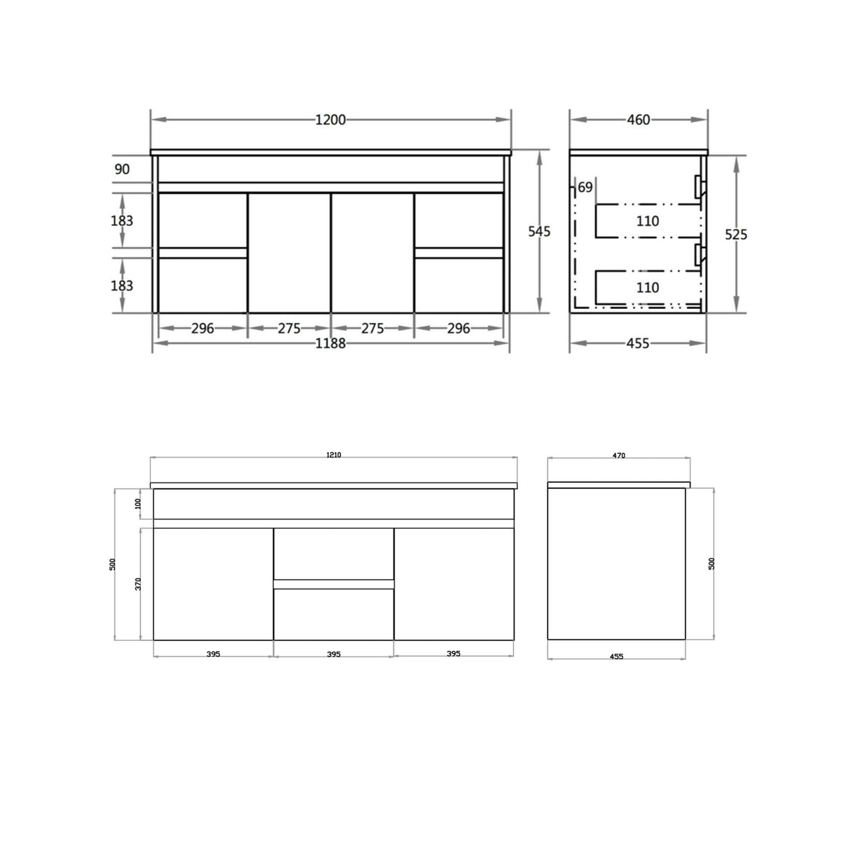 drawing white 1200mm wall hung vanity side and middle drawer