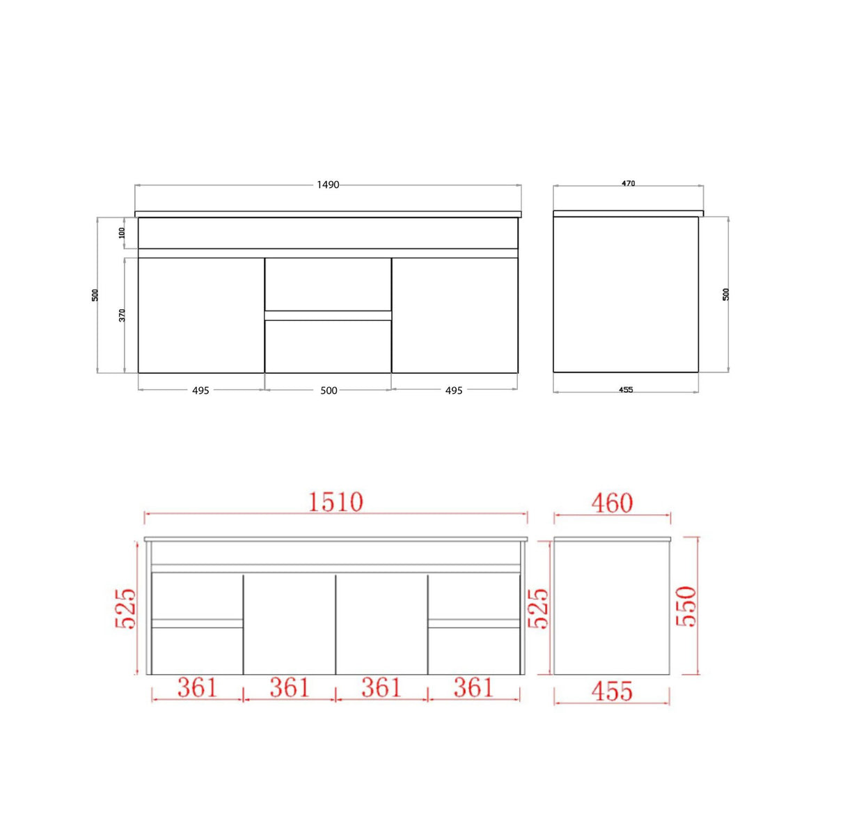 drawing of side and middle drawer 1500mm wall hung vanity