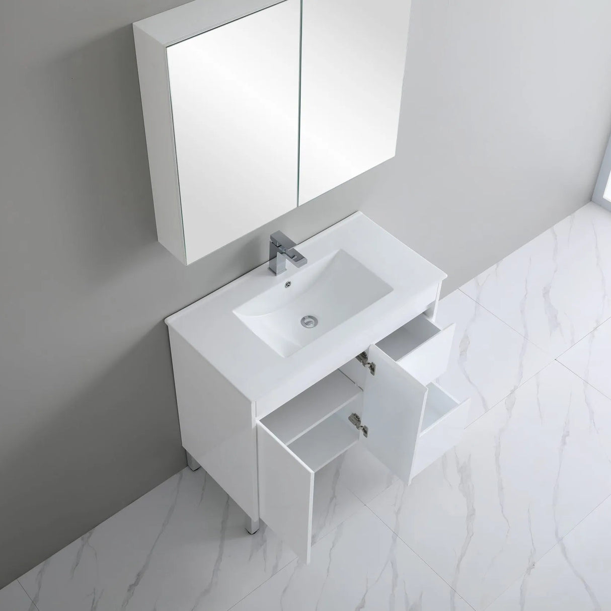 top view polar vanity 900mm free standing white