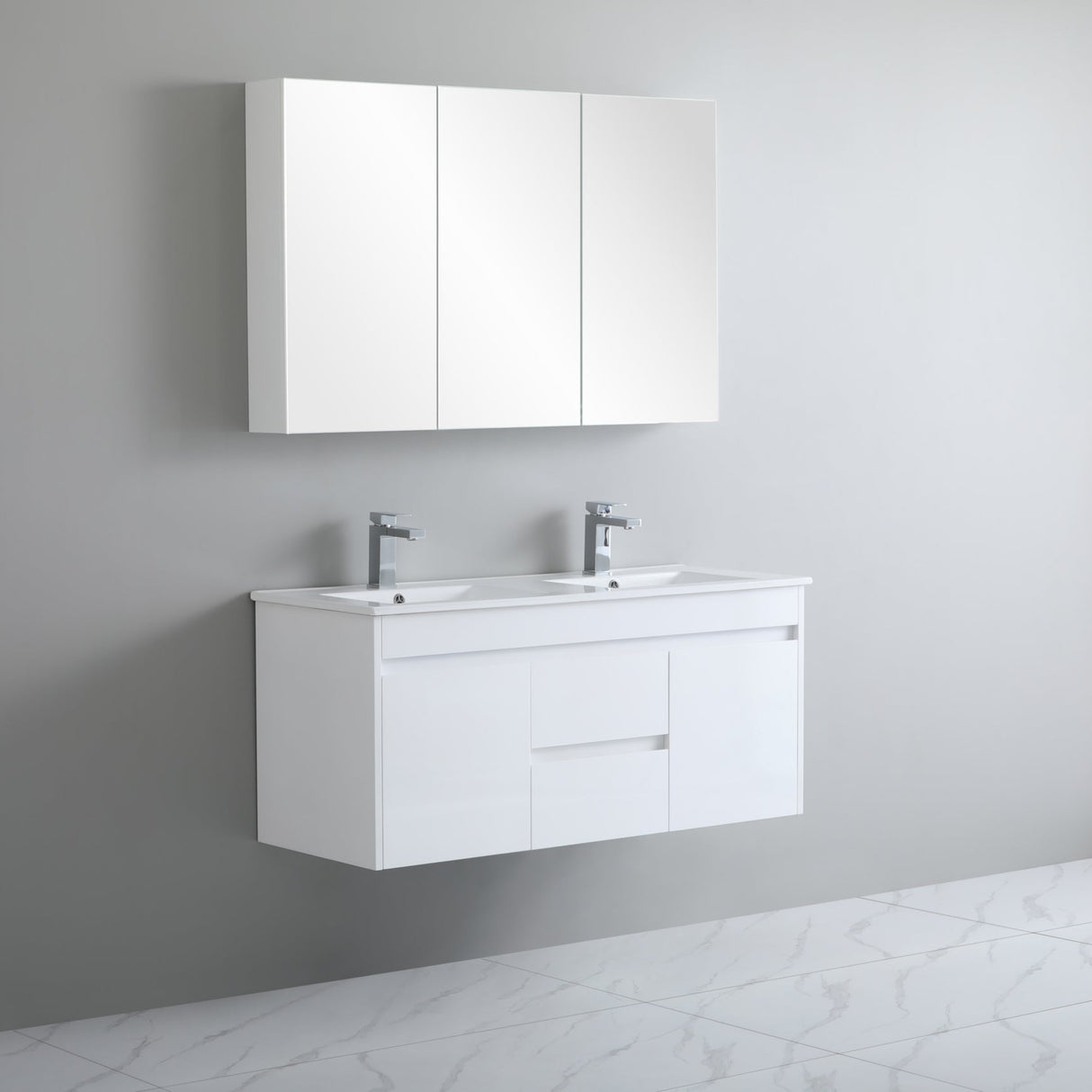 side view middle drawer 1200mm white wall hung vanity with grey background