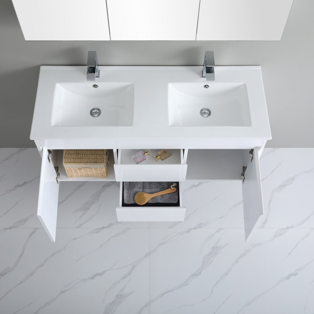 top view middle drawer 1200mm white wall hung vanity with grey background