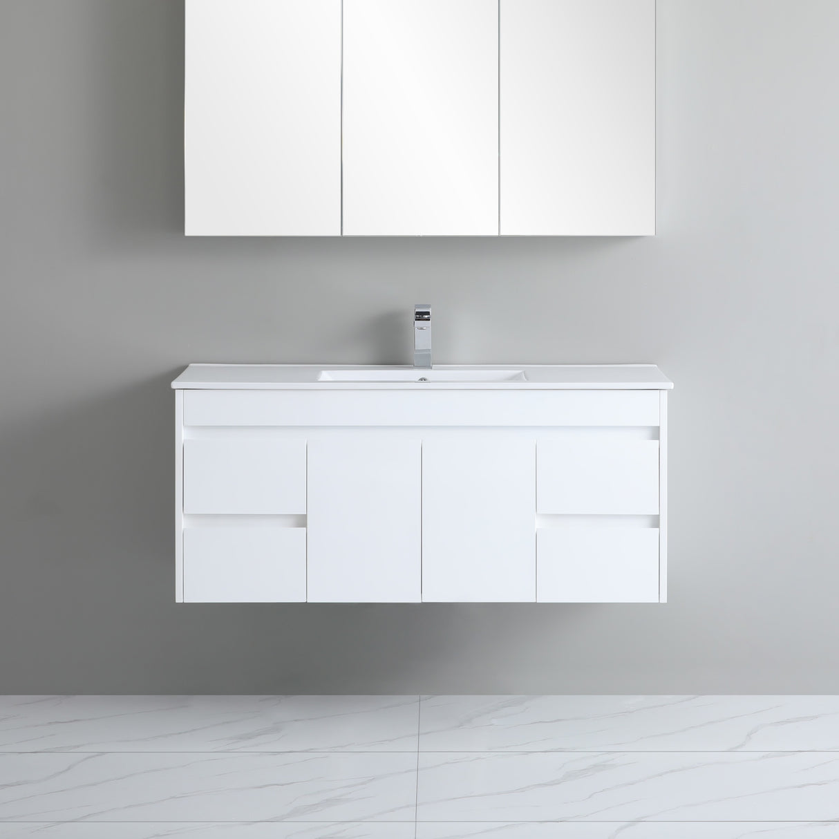 side drawer 1200mm white wall hung vanity with grey background