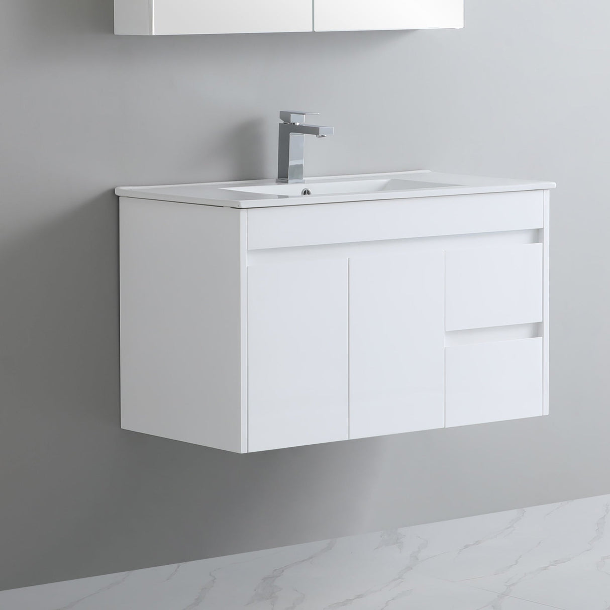 side view white 900mm wall hung vanity