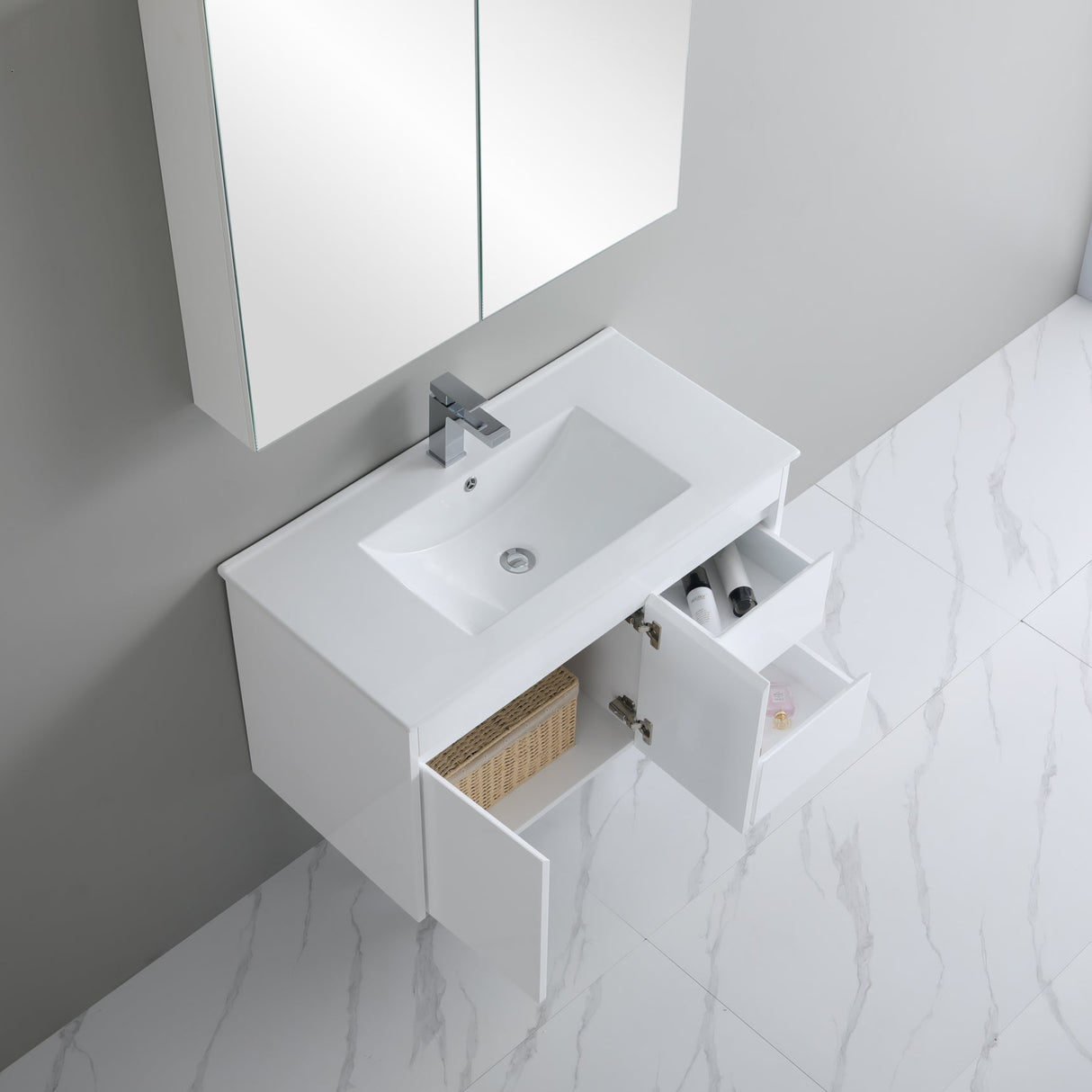 top view open drawers and cabinet 900mm wall hung vanity