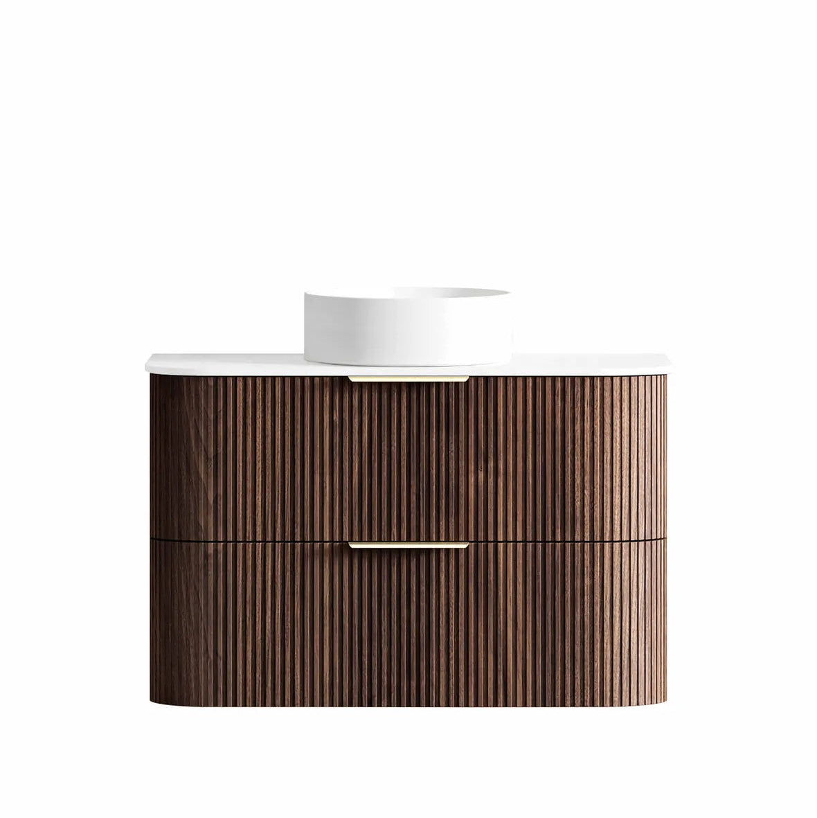 Wooden cabinet with white countertop on a white background