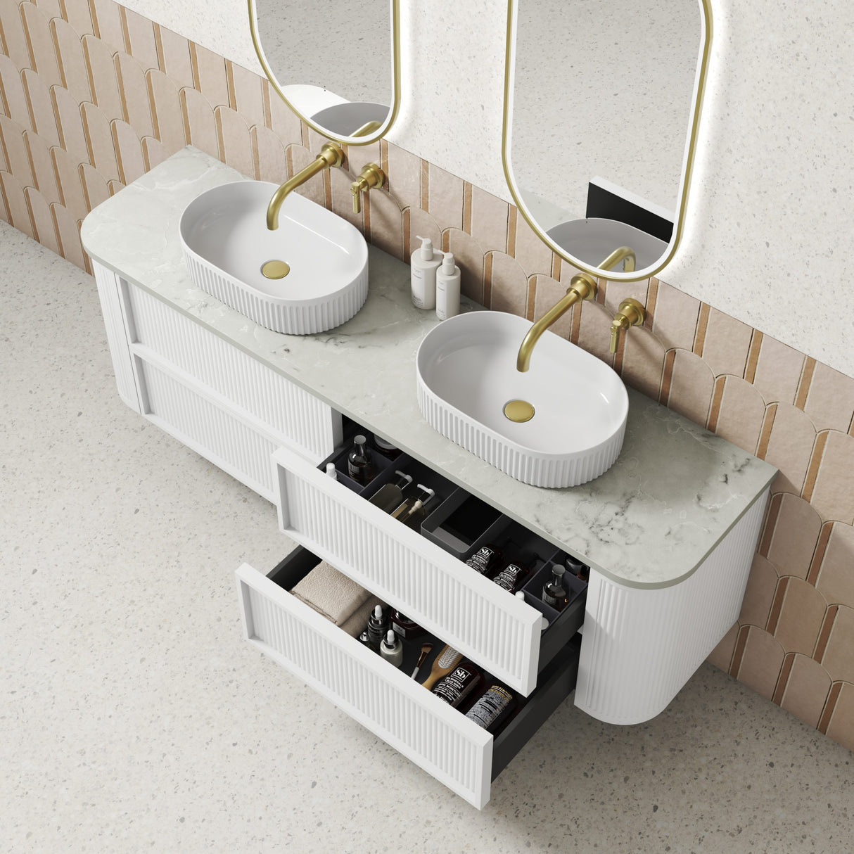 Ramee 1800mm Matte White Wall Hung Vanity - Fluted top view