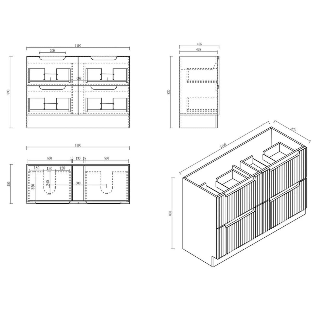 Technical drawings of a bathroom vanity with dimensions on a white background