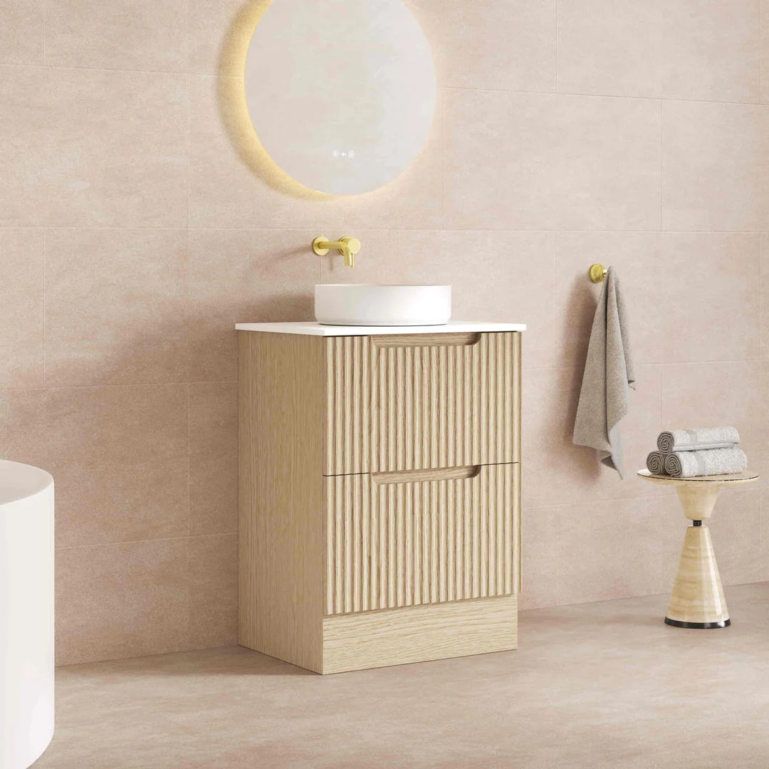 Bathroom vanity with sink and mirror in a modern bathroom setting