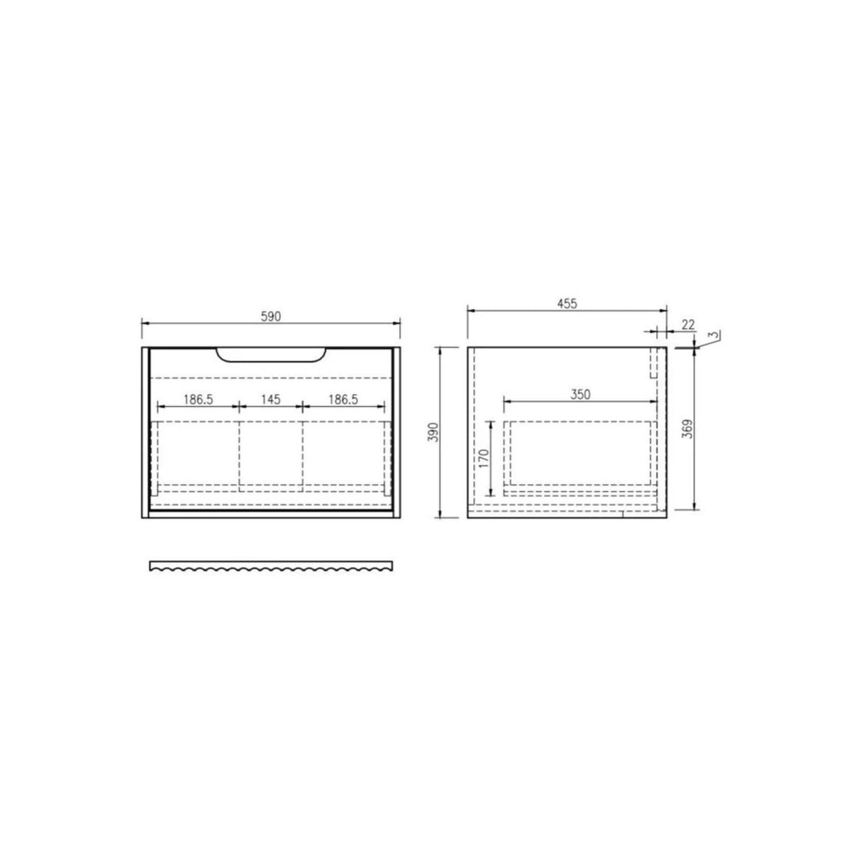 Technical drawing of a wal hung vanity with dimensions on a white background