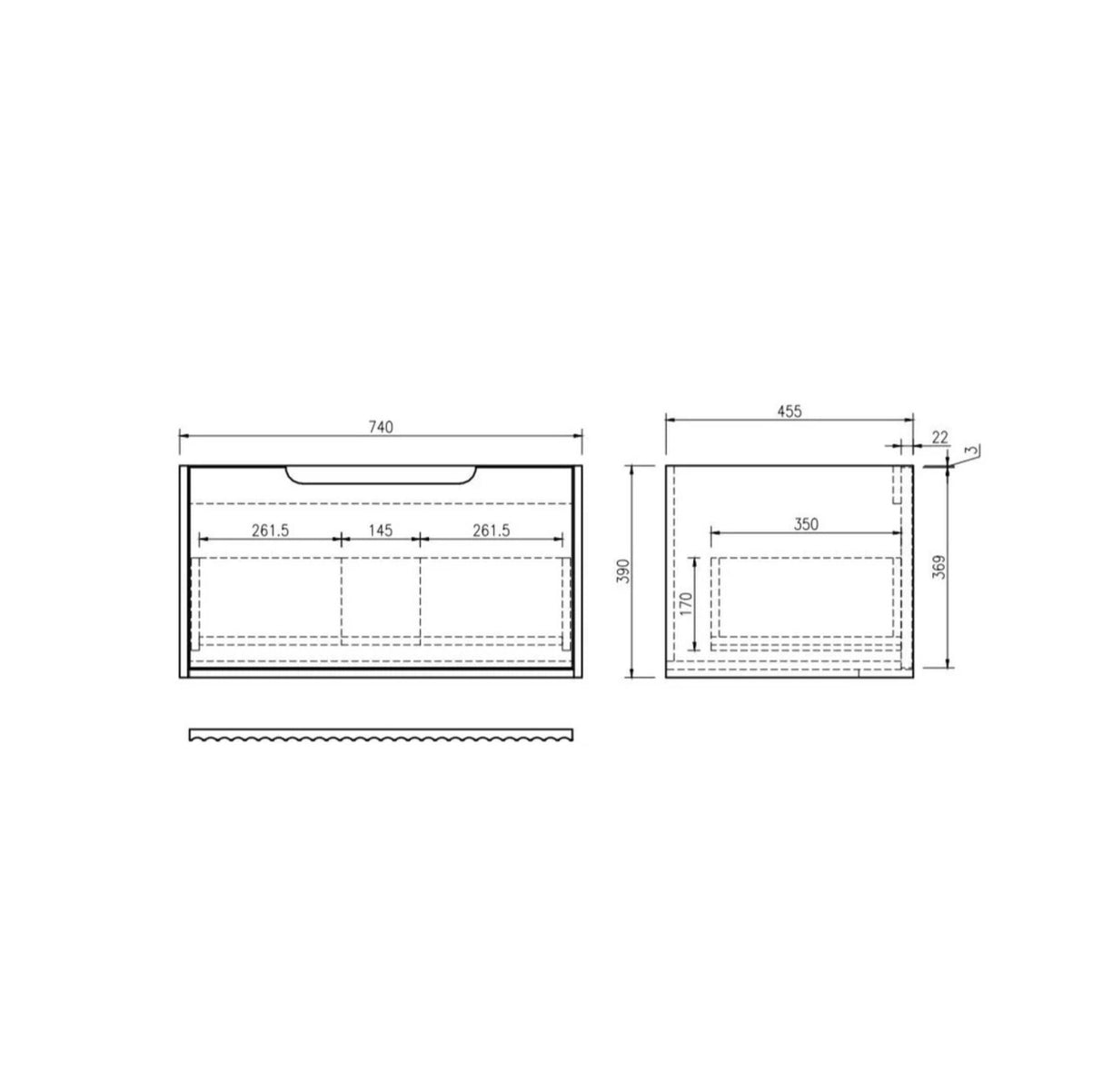 Technical drawing of a bathroom vanity with dimensions