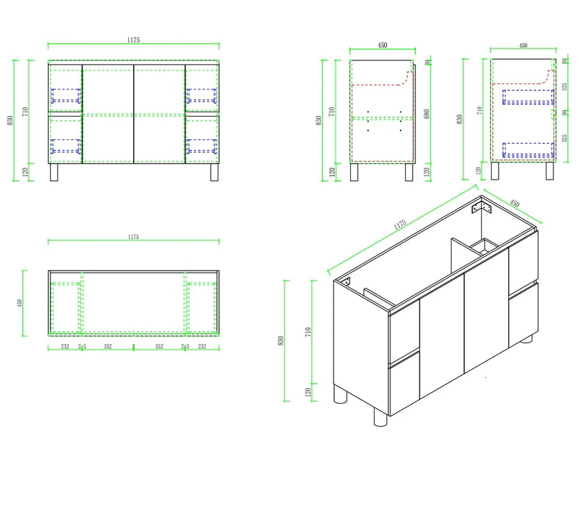 Technical drawing of a kitchen cabinet with dimensions