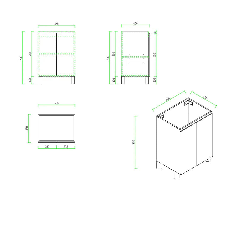 Technical drawings of a cabinet with dimensions on a white background