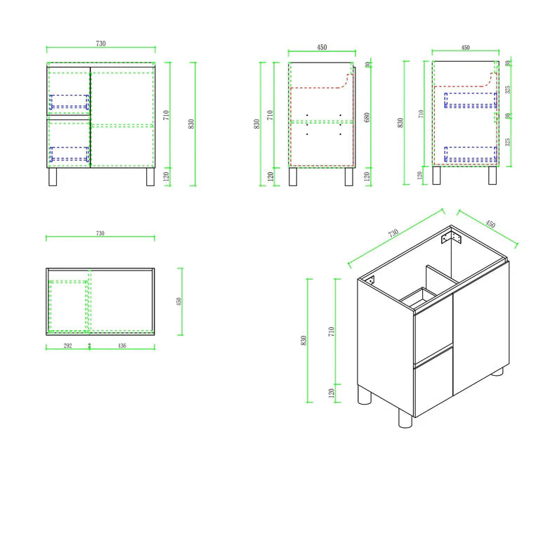 Technical drawing of a bathroom vanity with dimensions