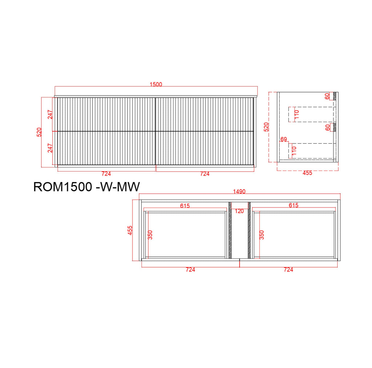 Technical drawing of a wall hung vanity layout with dimensions labeled