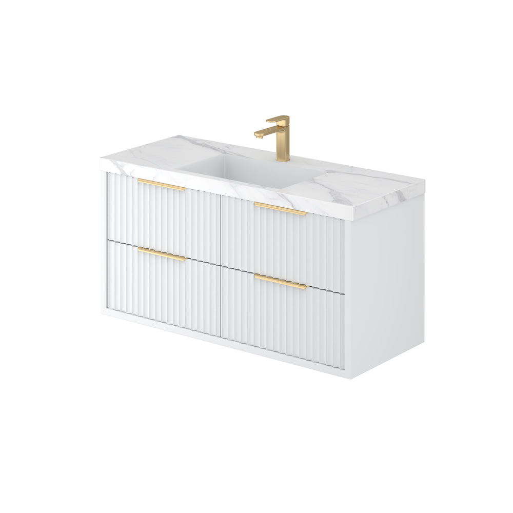 Bathroom vanity with white countertop and gold fixtures on a white background