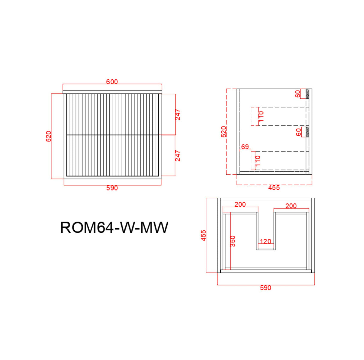 Technical drawing of a wall hung vanity with dimensions labeled on a white background