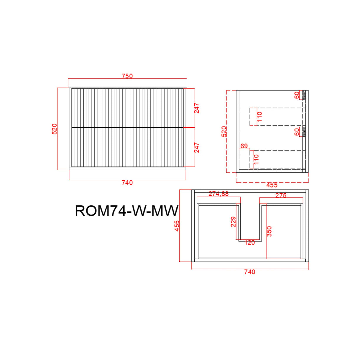 Technical drawing of a wall hung vanity with dimensions labeled on a white background