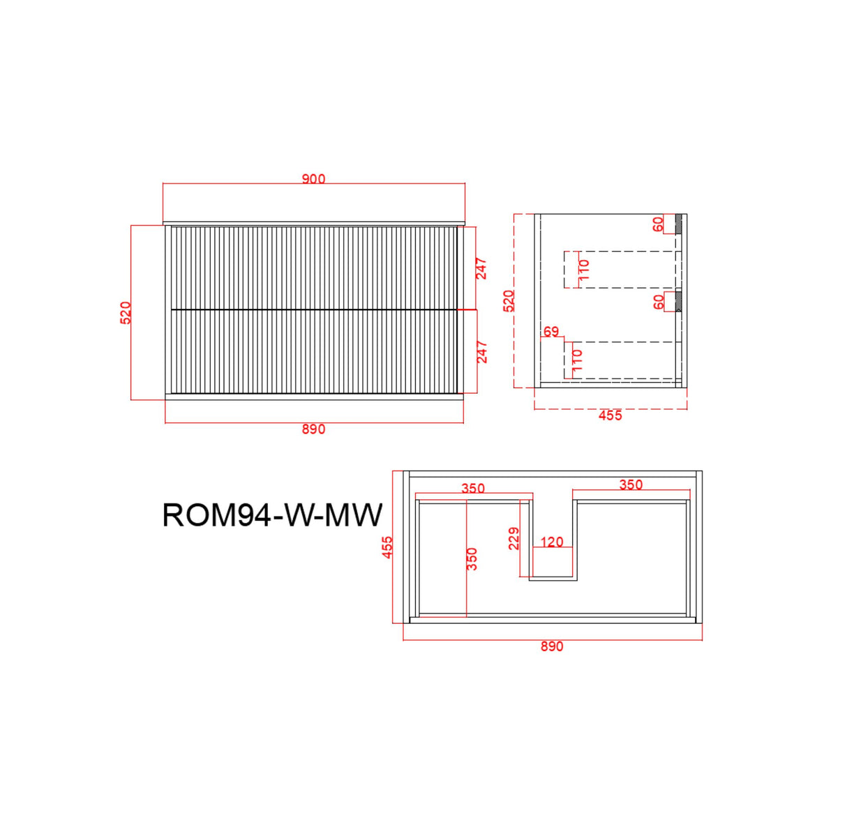 Technical drawing of a wall hung vanity product with dimensions labeled, featuring the code ROM94-W-MW.
