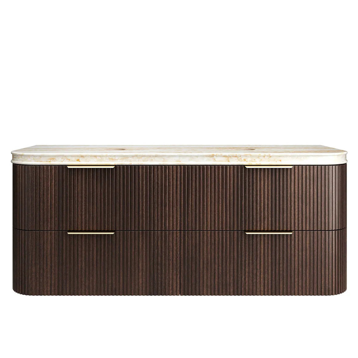Wooden vanity with marble countertop on a white background