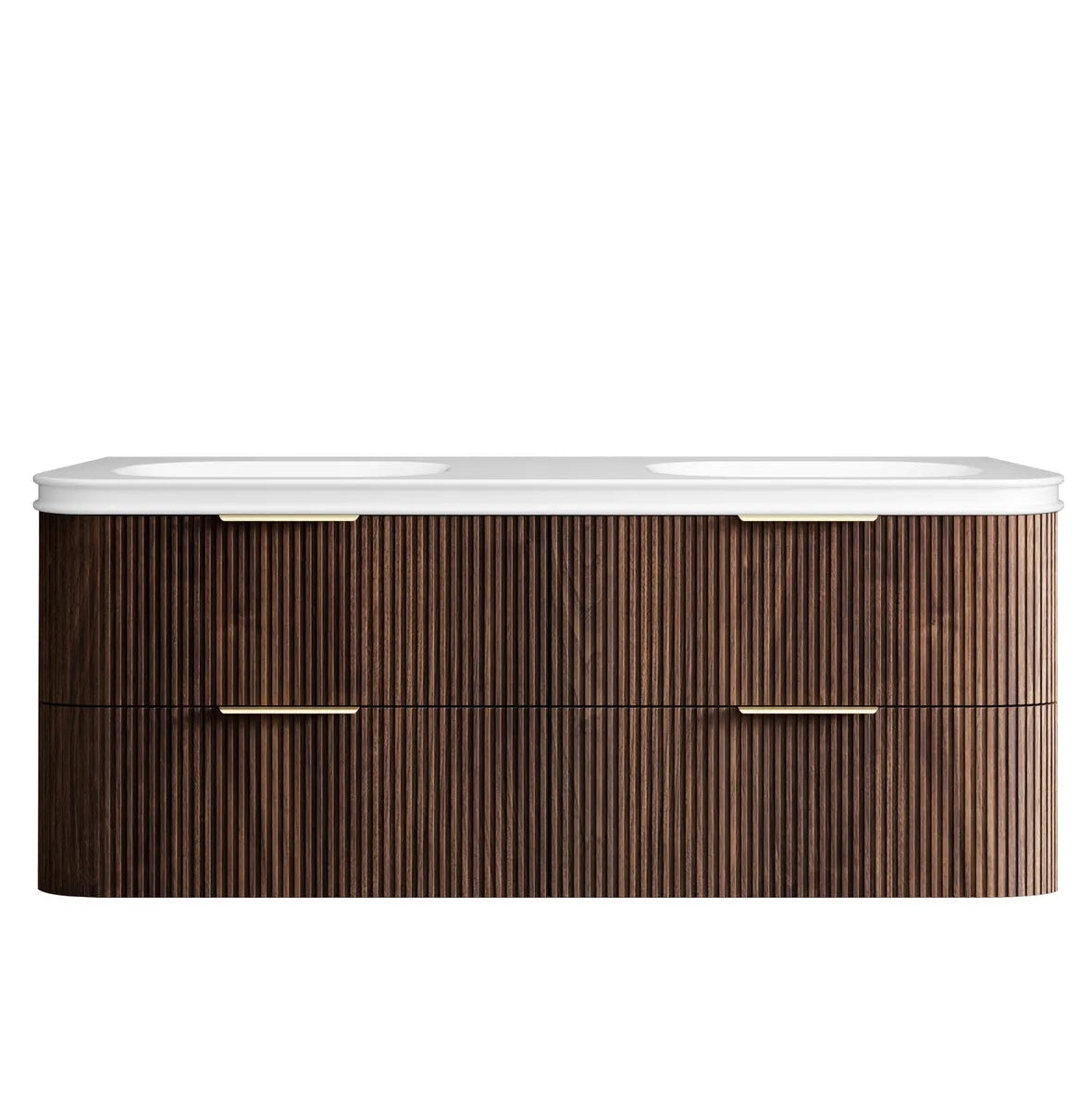 Wooden bathroom vanity with white countertop on a white background
