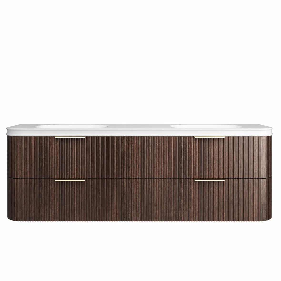 Wooden bathroom vanity with white countertop on a white background
