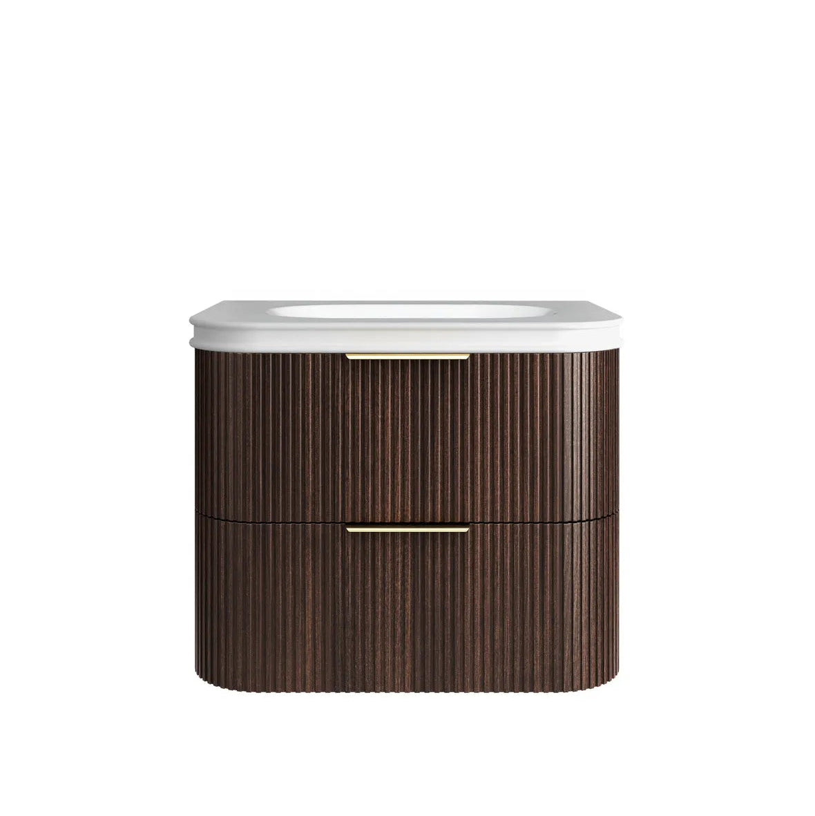 Bathroom vanity with wooden finish and white countertop on a white background