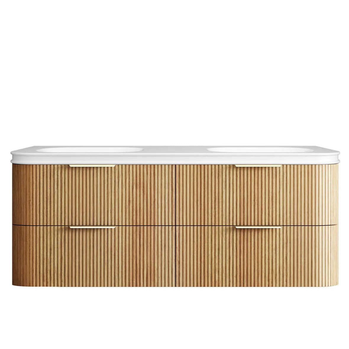 Bathroom vanity with wooden finish and white countertop on a white background