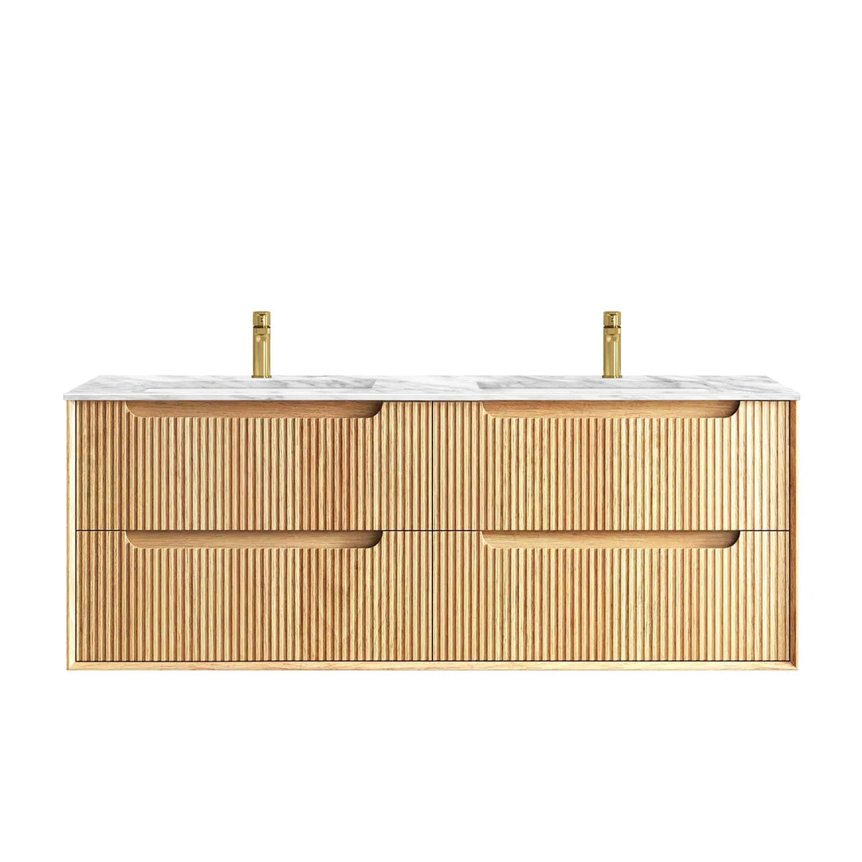 Wooden bathroom vanity with white countertop on a white background