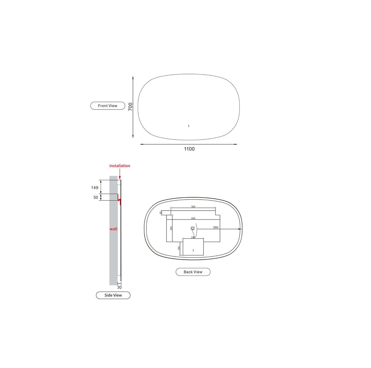 Valmont 1100mm Horizontal LED Mirror - Frameless drawing