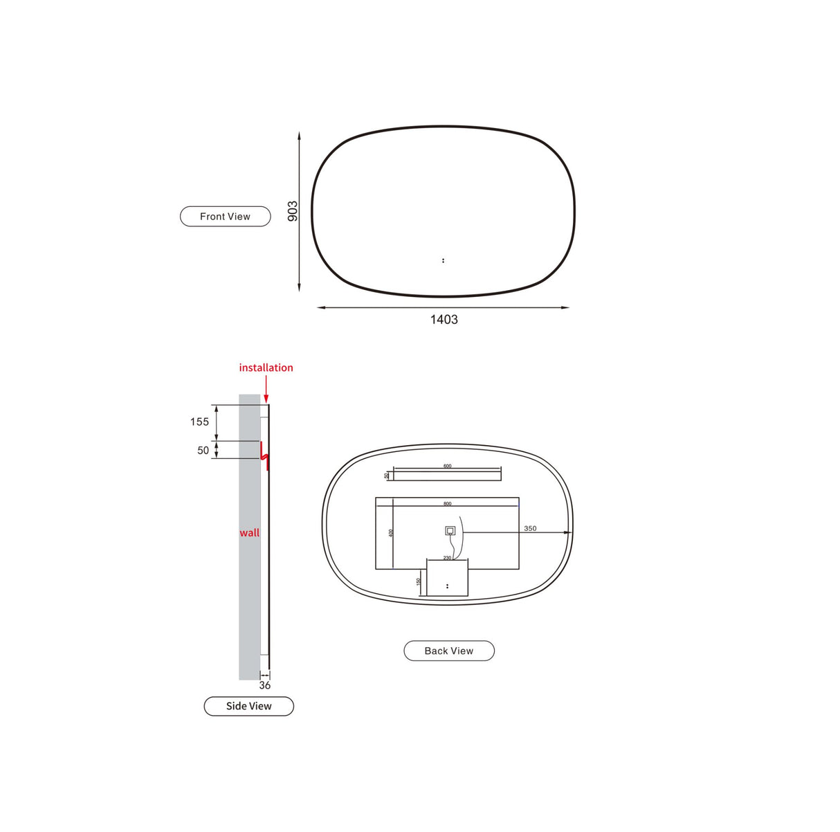 Valmont 1400mm Horizontal LED Mirror - Framed Drawing