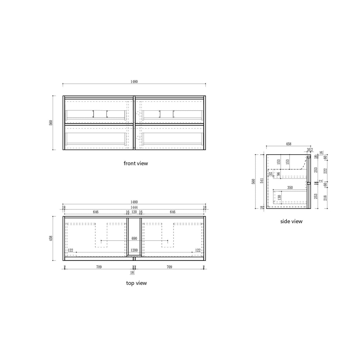 Venetta 1500mm Harvest Oak wall Hung Vanity - Framed drawing