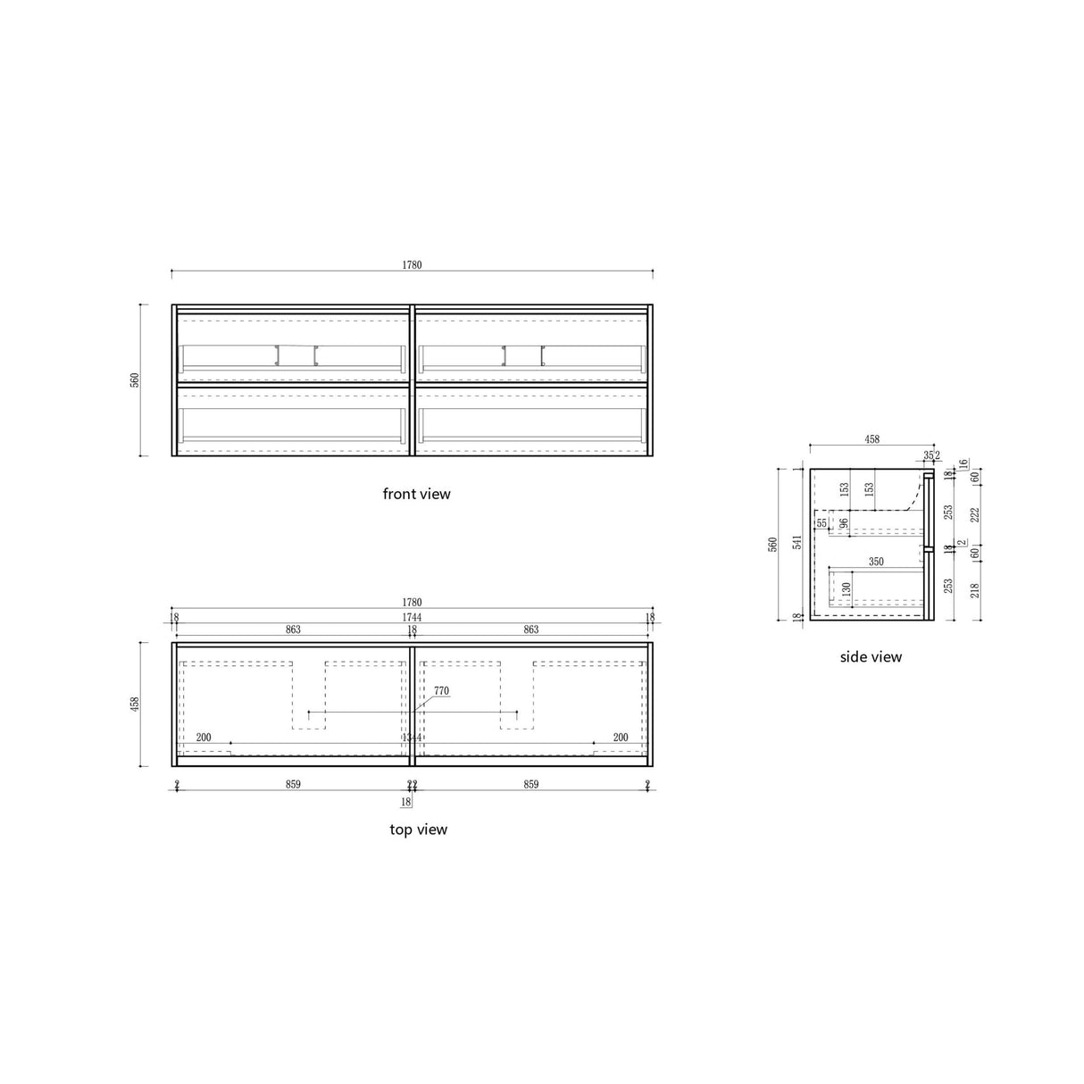 Venetta 1800mm Harvest Oak wall Hung Vanity - Framed drawing