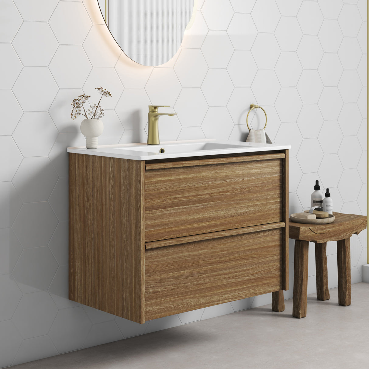 Venetta 750mm Harvest Oak Wall Hung Vanity - Framed closer side view