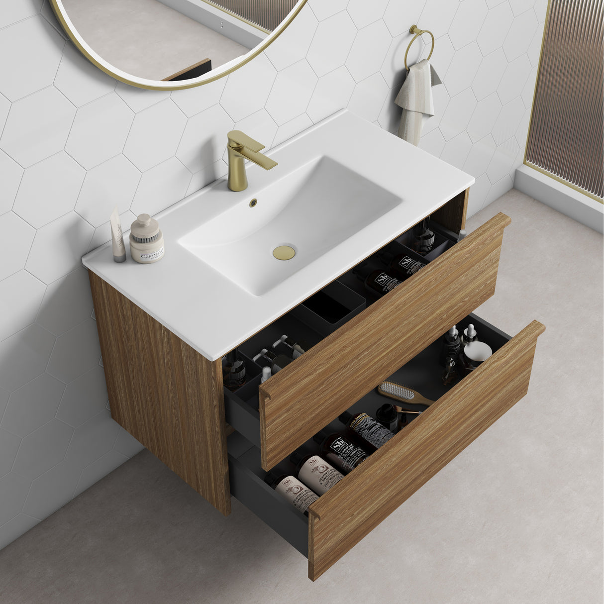 Venetta 750mm Harvest Oak Wall Hung Vanity - Framed top view