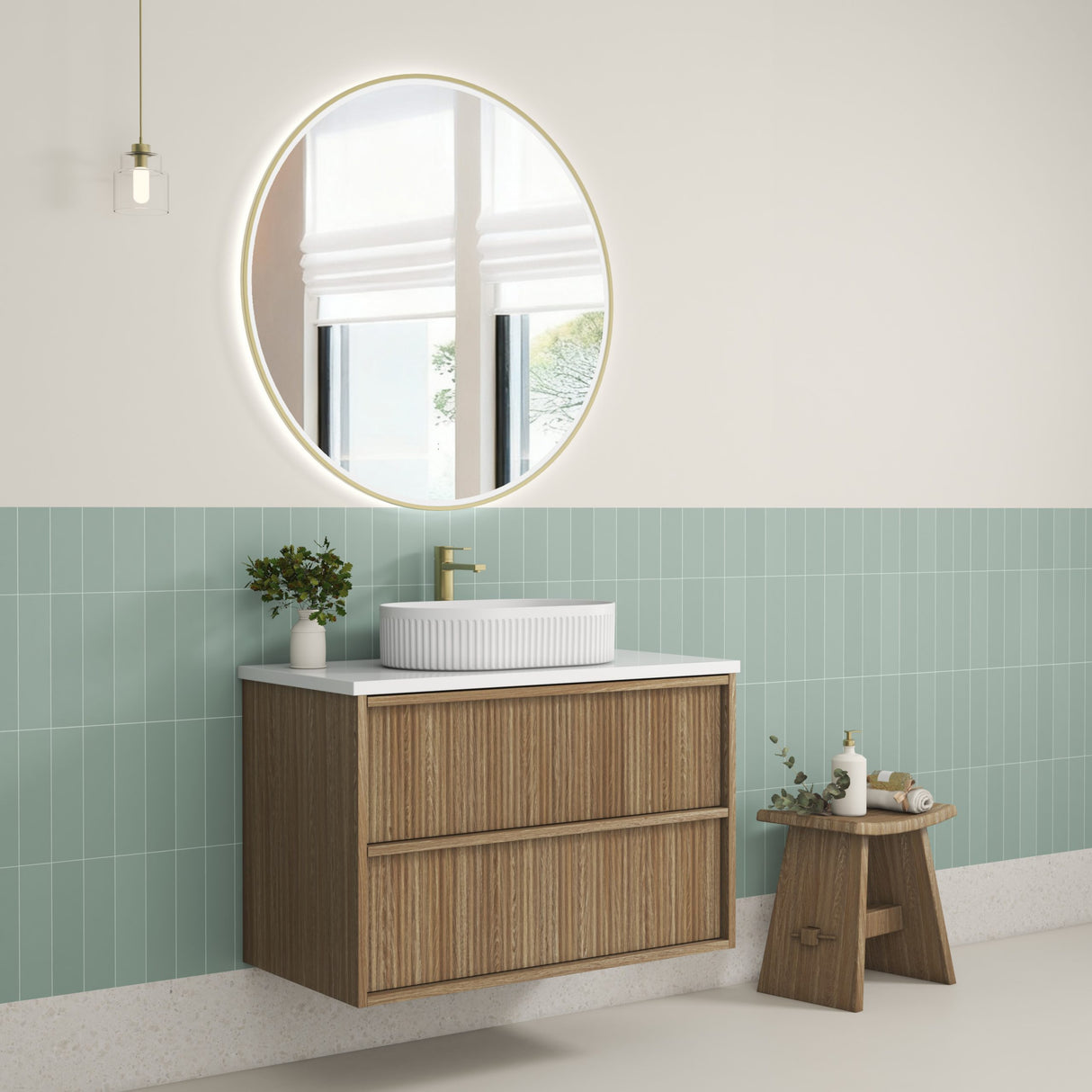Venetta 900mm Harvest Oak Wall Hung Vanity - Fluted Framed side view