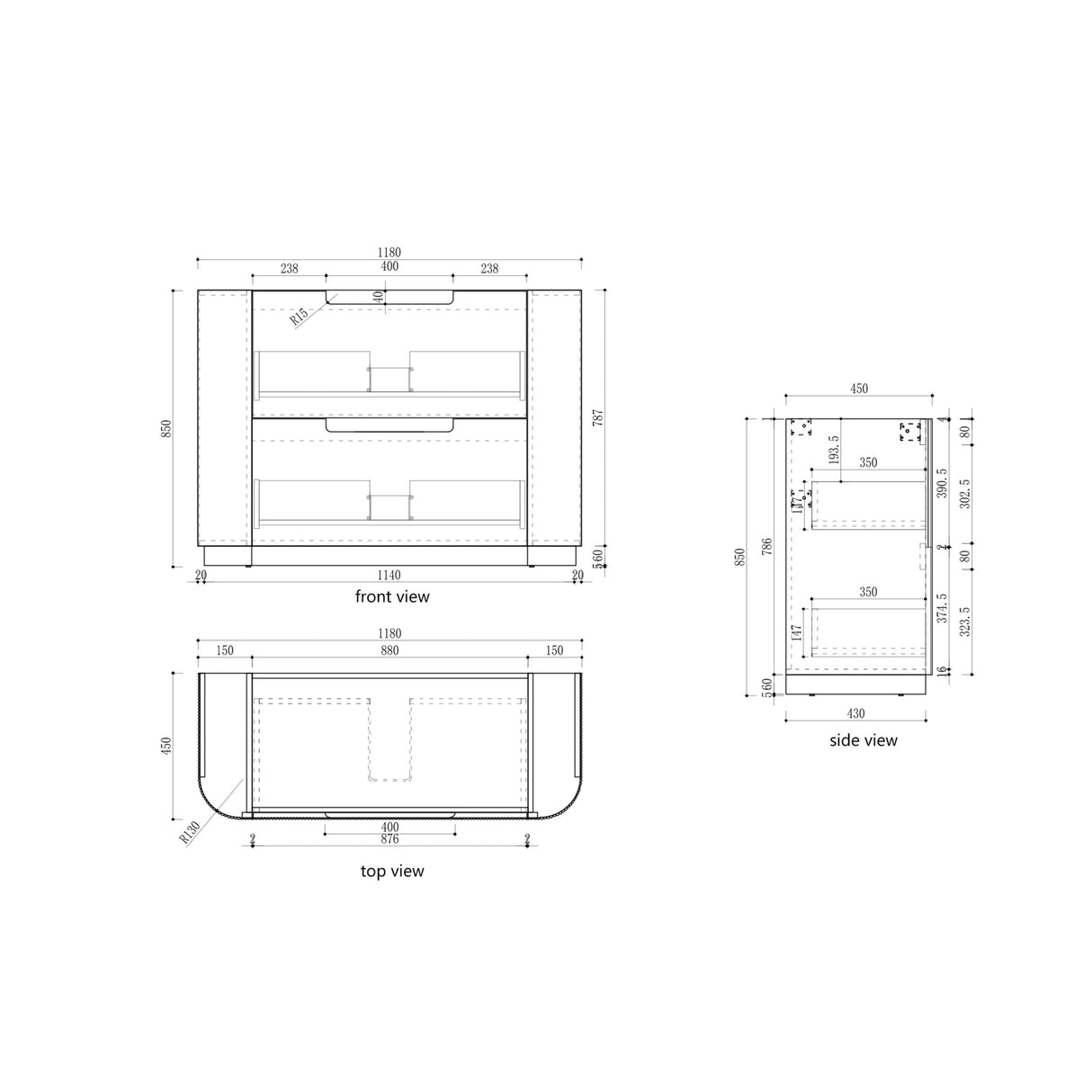 Technical drawing with dimensions of a rectangular object from front, side, and top views.