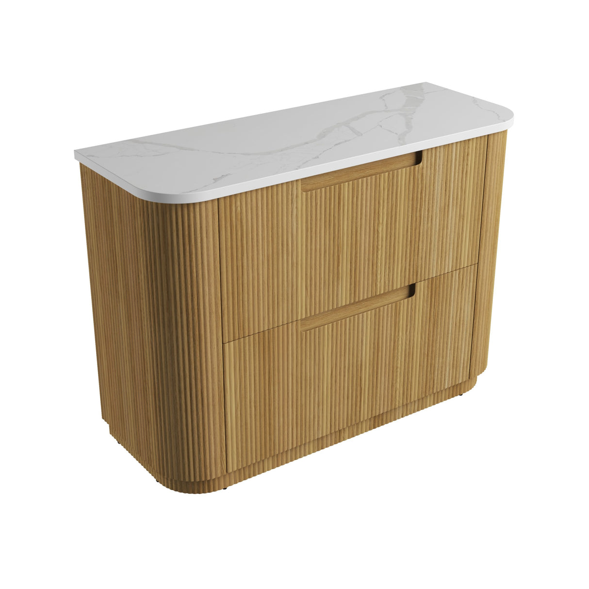 Wooden cabinet with a white marble countertop on a white background