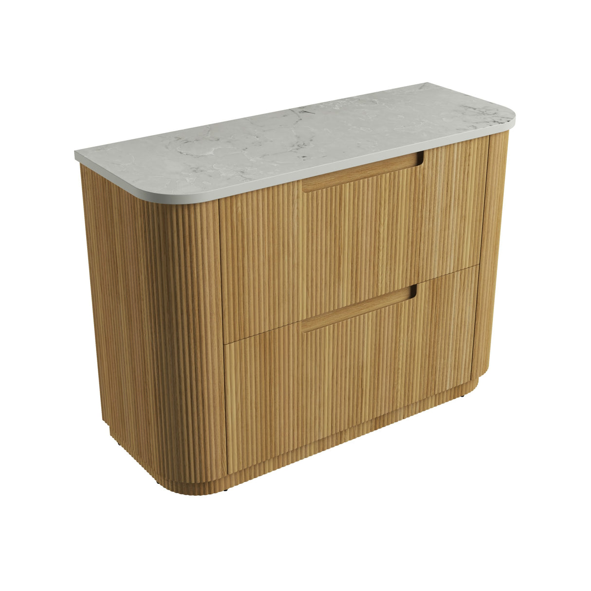 Wooden cabinet with a marble-like top on a white background
