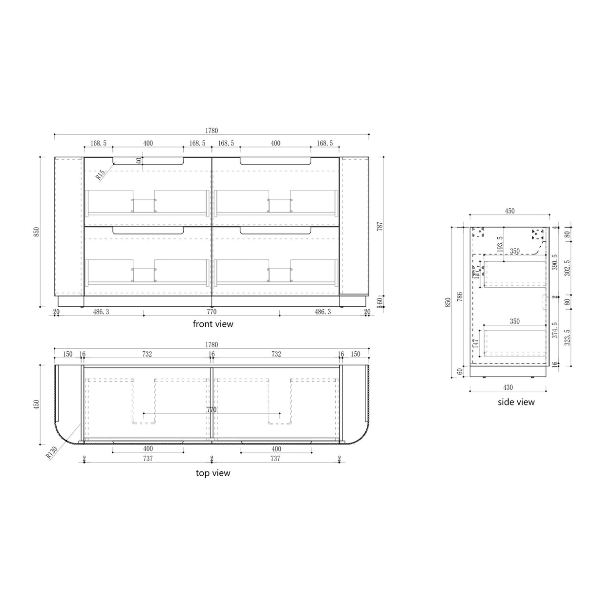 Technical drawing with dimensions of a product layout