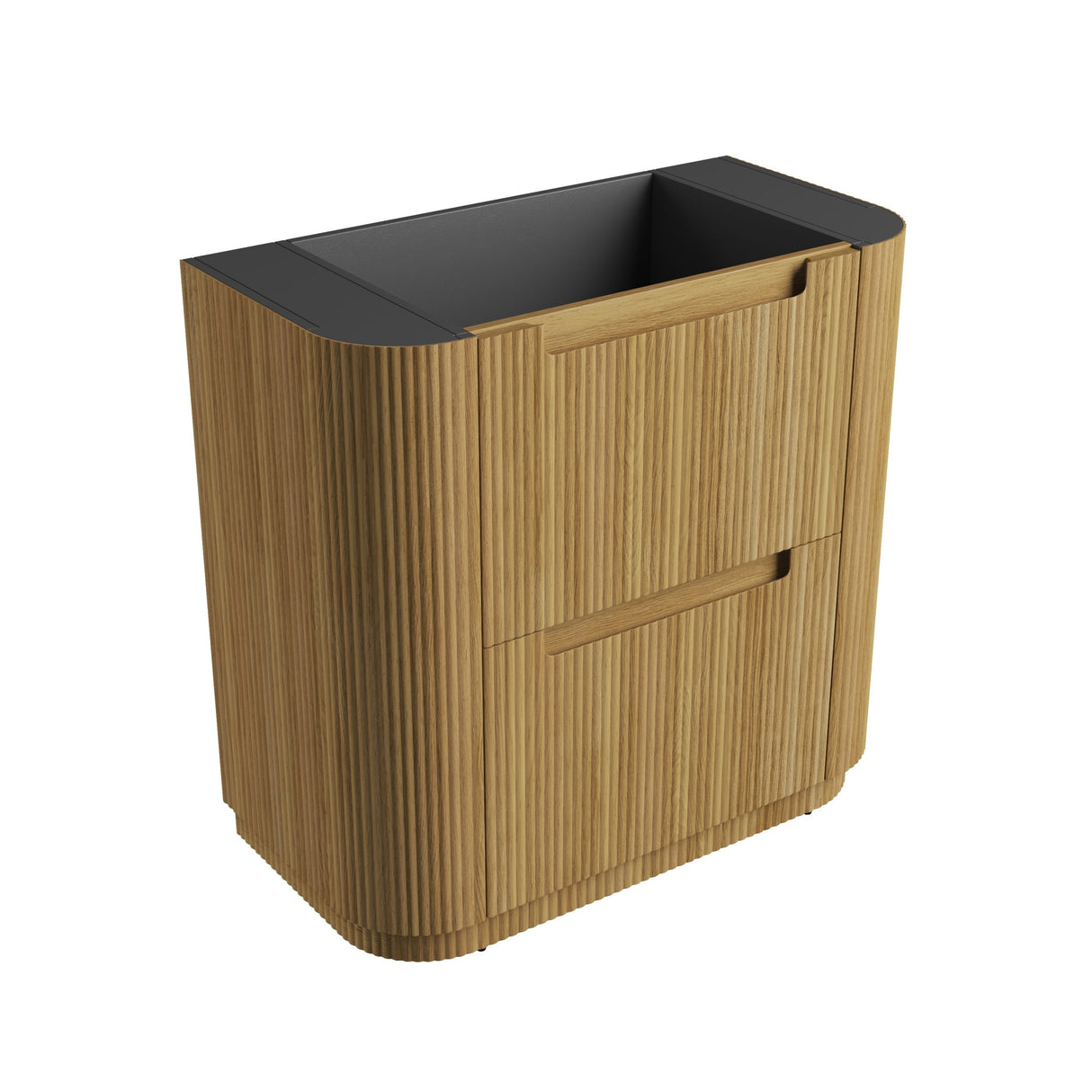Wooden cabinet with black top on a white background