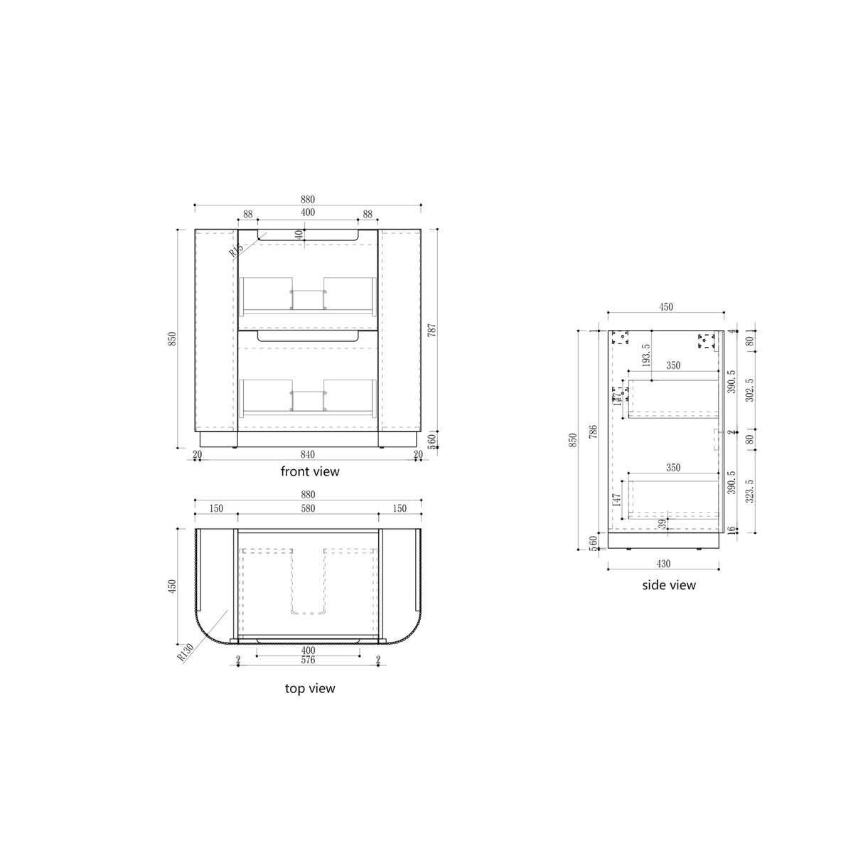 Technical drawing with dimensions of a rectangular object from front, side, and top views.