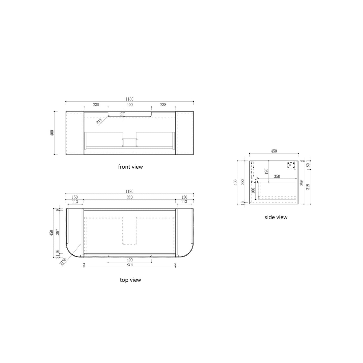 Technical drawings of a rectangular object with dimensions labeled for front, side, and top views.