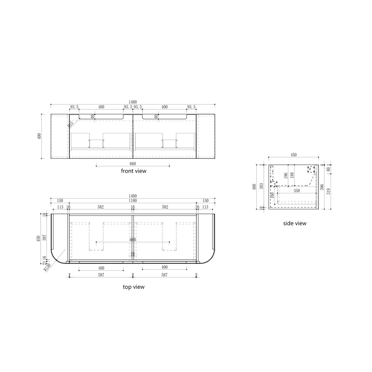 Technical drawings of a rectangular object with dimensions labeled