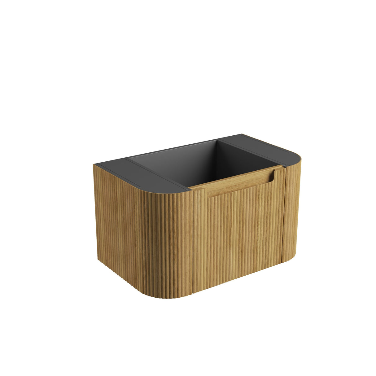 Bathroom vanity unit with black basin and wooden finish on a white background