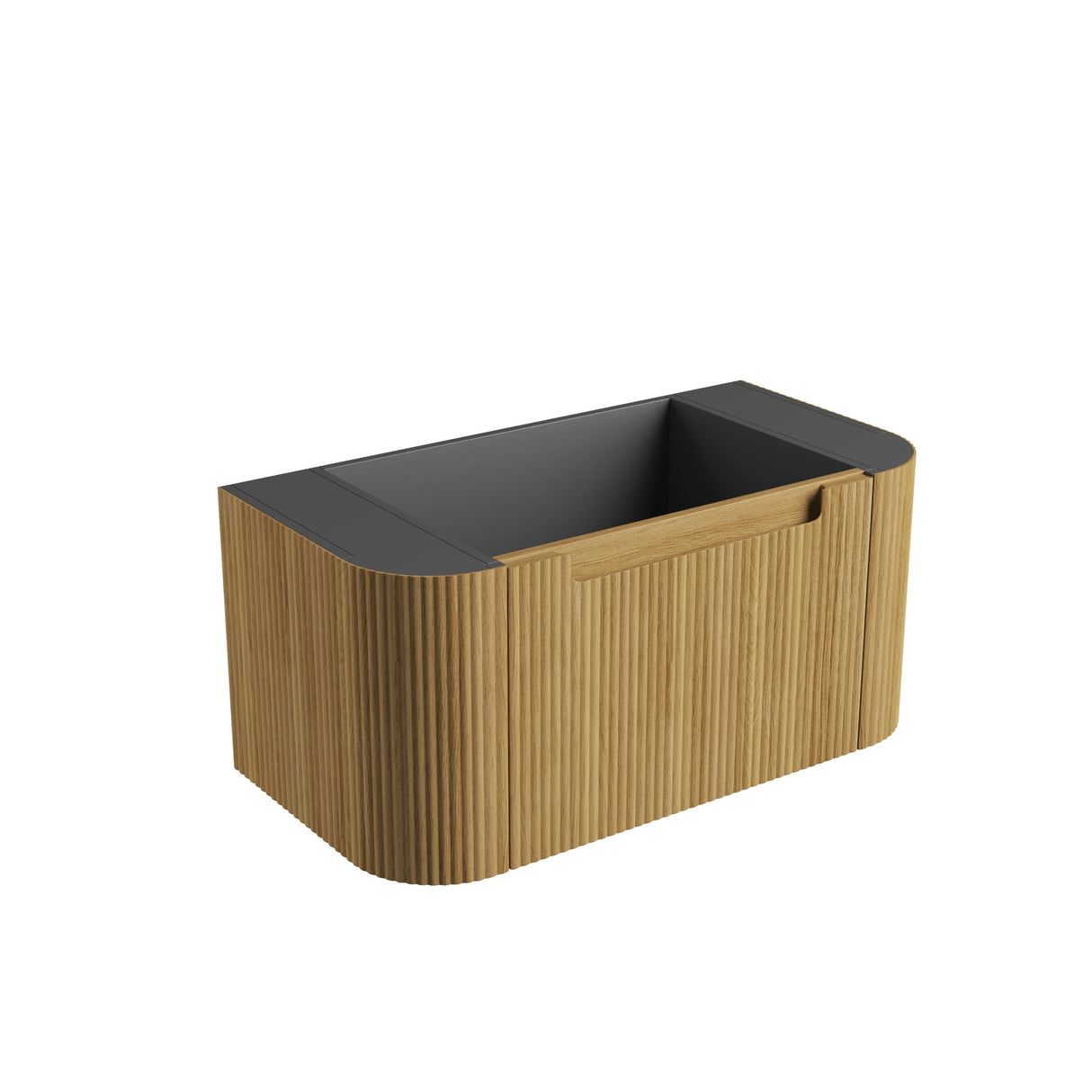 Rectangular wooden planter with a black top on a white background