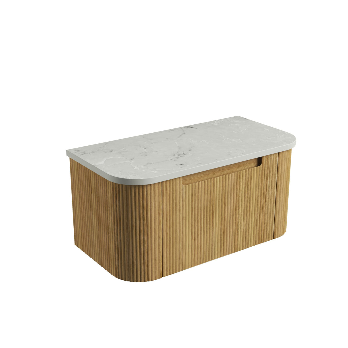 Wooden cabinet with marble-like top on a white background