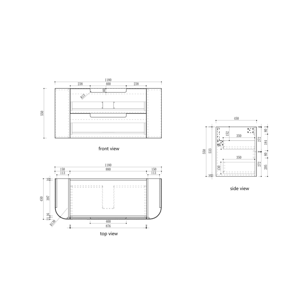 Technical drawings of a product with front, side, and top views including dimensions.