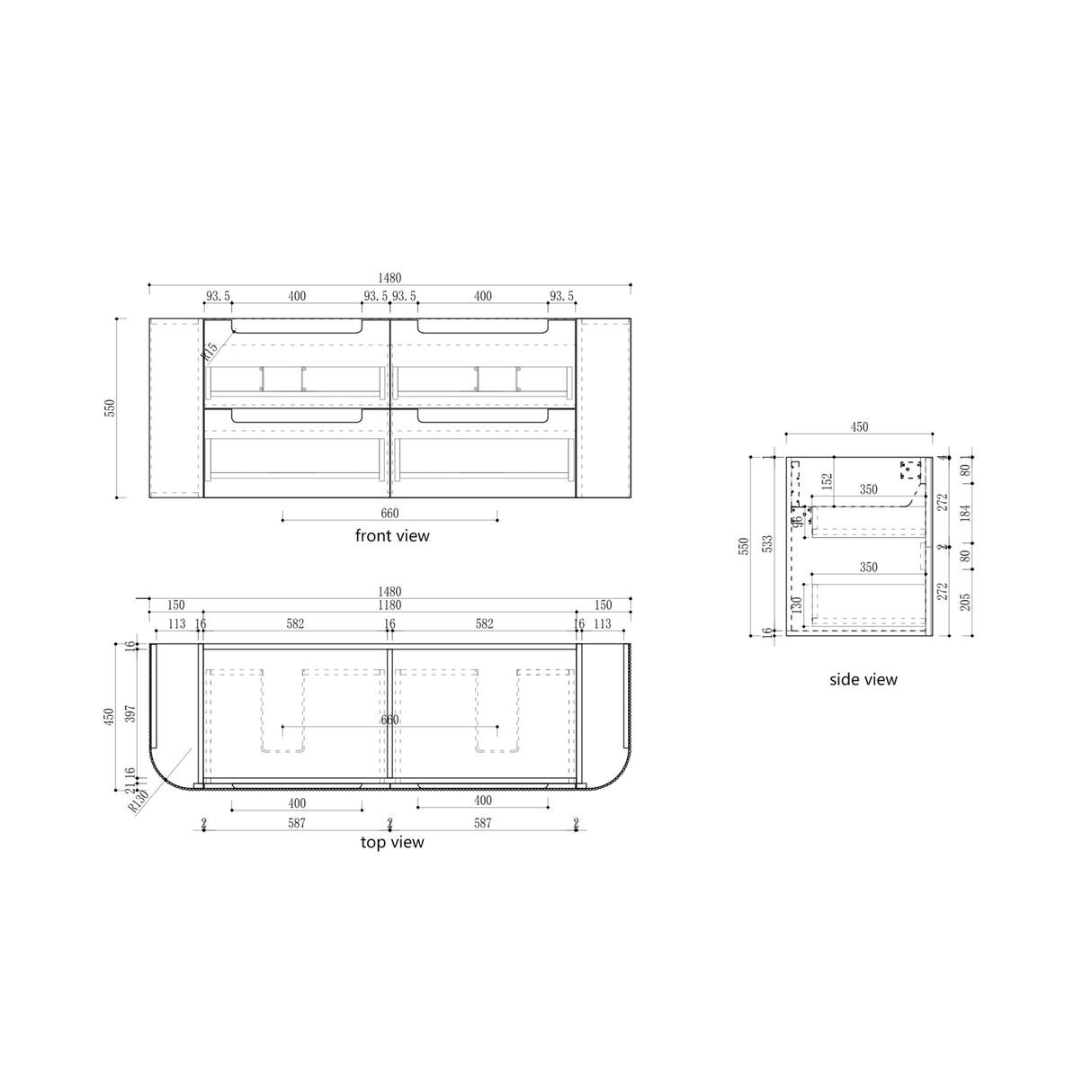 Technical drawing with front, side, and top views of a rectangular object with dimensions.