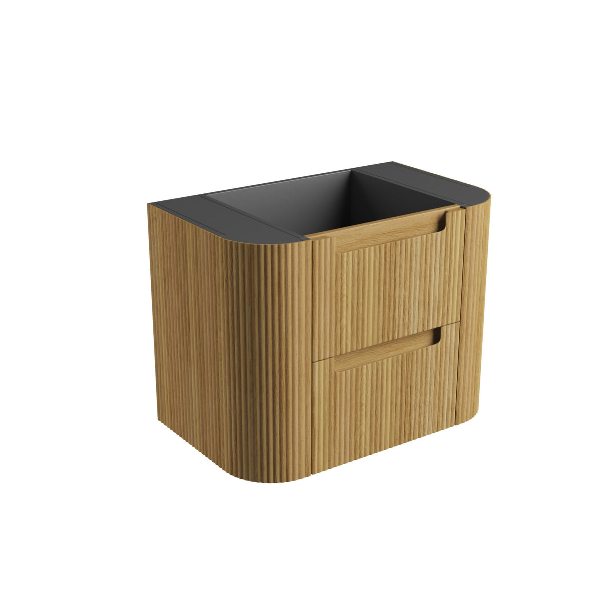 Wooden cabinet with black top on a white background
