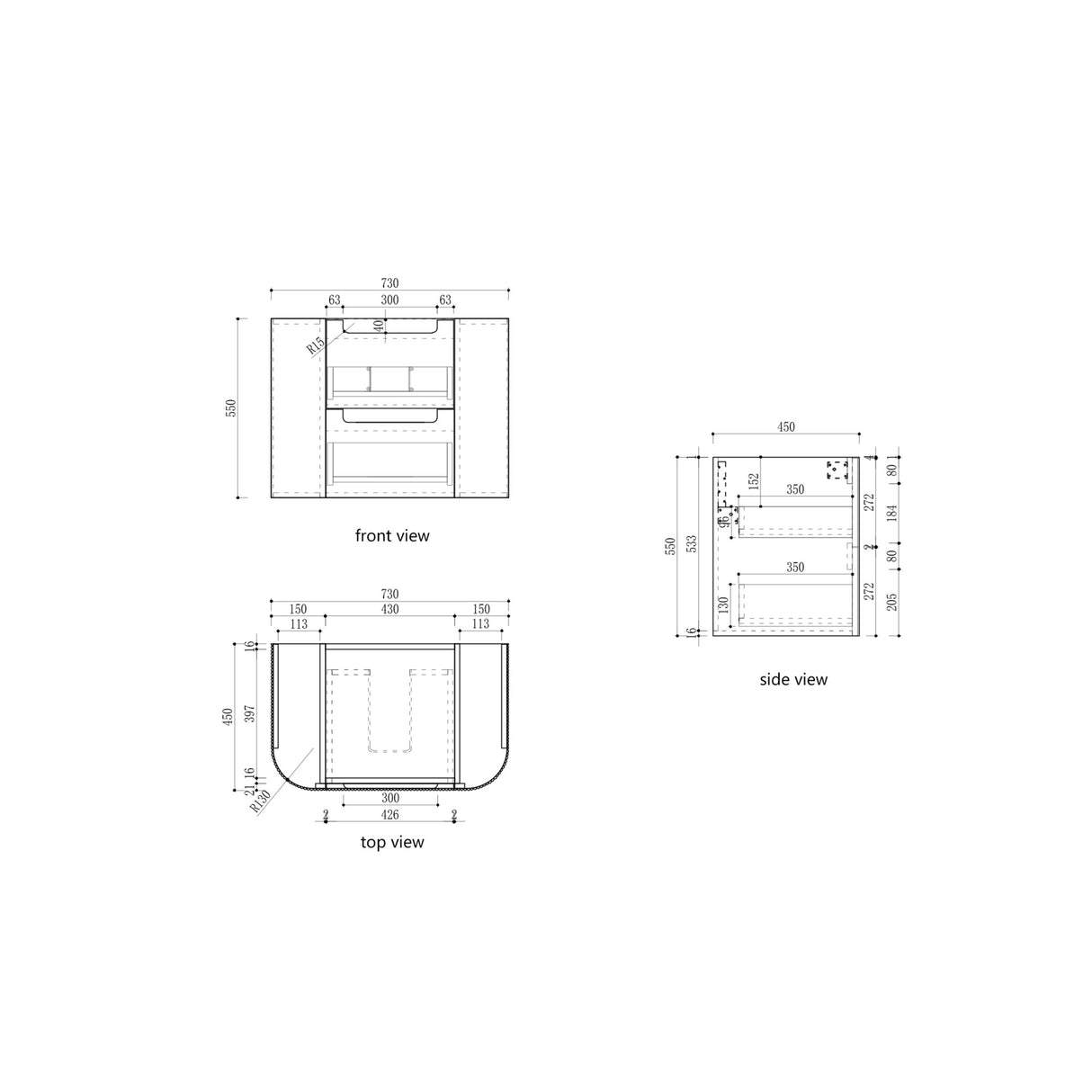 Technical drawings of a product with front, side, and top views showing dimensions.